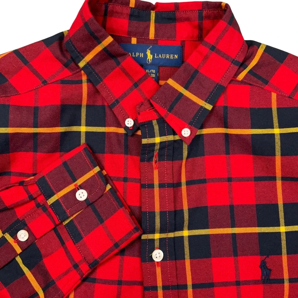 Ralph Lauren  Boys XL 18-20 Red Plaid Tartan Button Down Americana Pony Logo